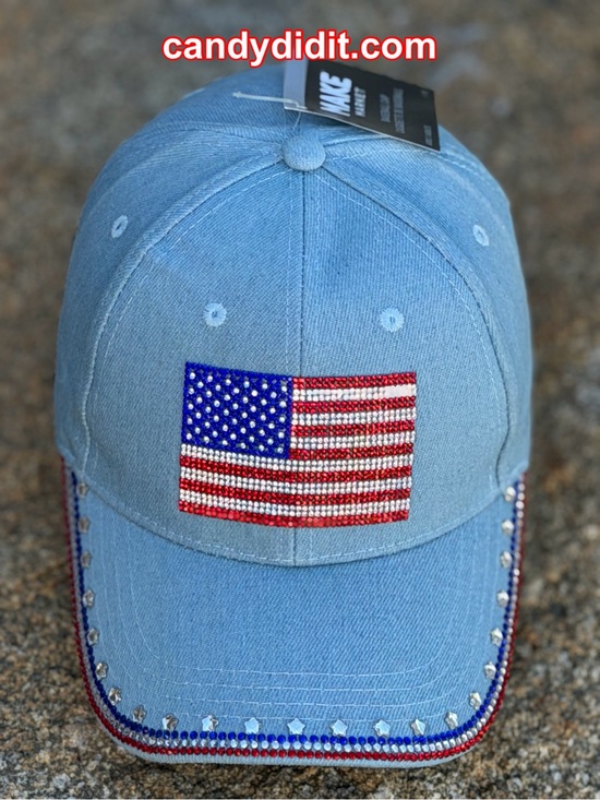 Handmade Light Blue Denim Baseball Cap with Rhinestone American Flag main image 5